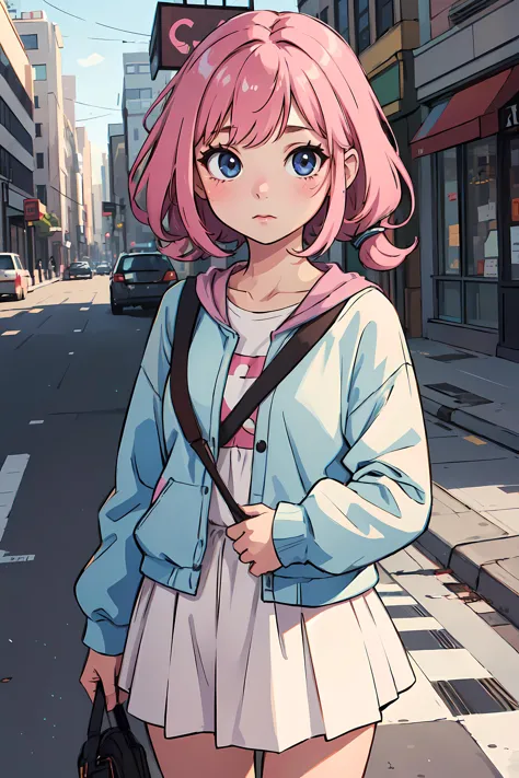 anime girl with pink hair and blue eyes standing on a city street