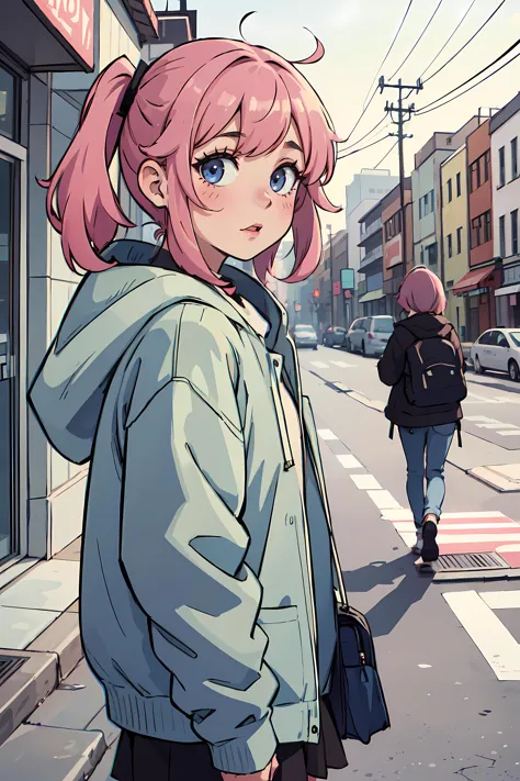 anime girl with pink hair and blue eyes standing on a city street