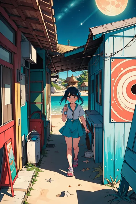 1girl, (manga art by Kawacy:0.8) , colorful art, mundane Cosplay Photograph, Cubo-futurism, highly detailed, landscape of a Abandoned Clockwork Charcoal and Teal ([Garage:Beach:4]:1.3) from inside of a Pedestrian tunnel, crowded jungle with Sagebrush, Moon in the night, Classical, Flustered, hair light, Cinestill, Ilford HP5+ 400, 35mm, CineColor, Spirals, concept art, trending on CGSociety, highly detailed