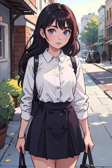 anime girl in a skirt and shirt walking down a street