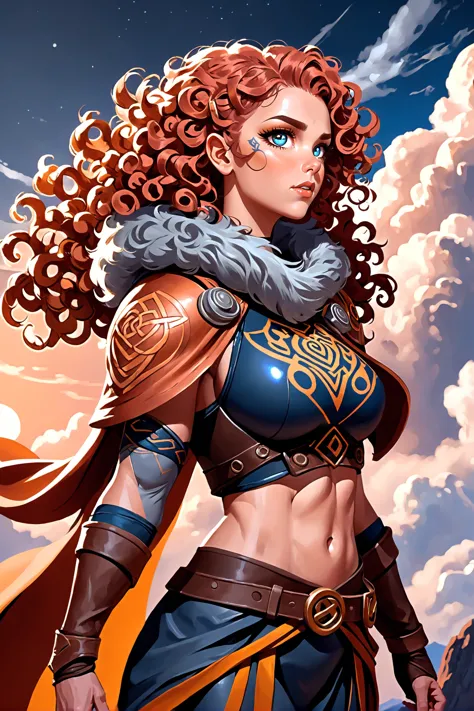 1girl, woman, stealthy sci-fi celtic ranger, (muscular:1.1), fur pauldrons, (tribal tattoos:1), gray hair, bombshell curly hairleather cape, eye contact, bombshell hair, glowing copper hair, Diffused Curls,braid, average figure, korean, (golden hour, blue sky, clouds, scenery, in a Lunar Cusp Observation Sites:1.3)