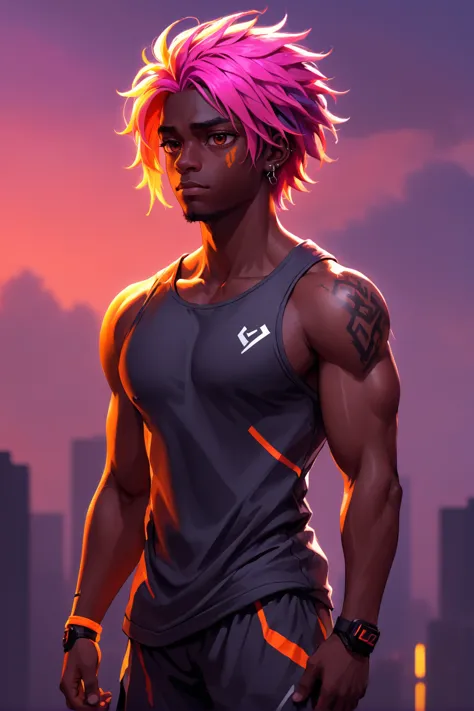 rough digital painting, (full body:1.2), 1boy, man, ruggedly handsome, solo, [:epic costume design,:0.2] crusader, (dark skin:1.3), neon sunset hair, (athletic:1) build