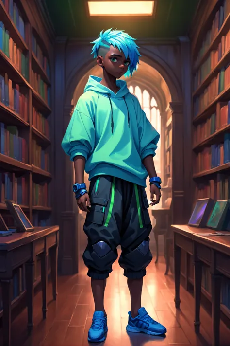 rough digital painting, (full body:1.2), 1boy, man, masculine, solo, [:outlandish costume design,:0.2] knight, (dark skin:1.3), neon blue-green hair, (solid:1) build, well-lit interior, in a Photorealism Old bookshop