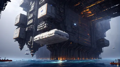 digital painting, space cargo dock in a dingy fantasy vertical megastructure at the end of time, masterpiece, by Eddie Mendoza