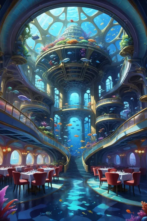 digital painting, exclusive restaurant in a utopian,cheerful fantasy underwater megastructure beyond the end of reality, masterpiece, by Fred Gambino, vibrant colors