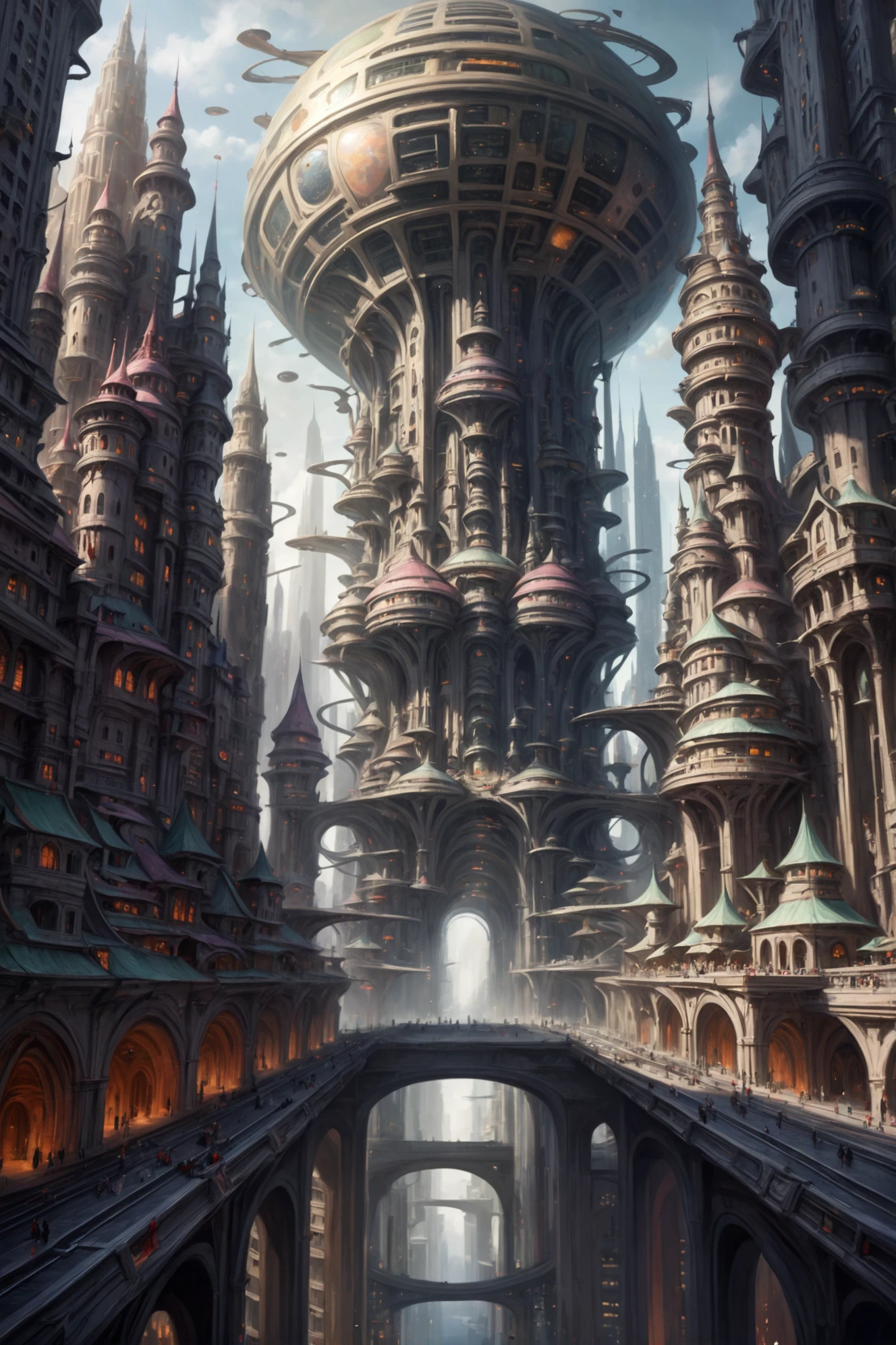 pintura digital, Metrópolis de fantasía gigantesca al final del multiverso, colores apagados