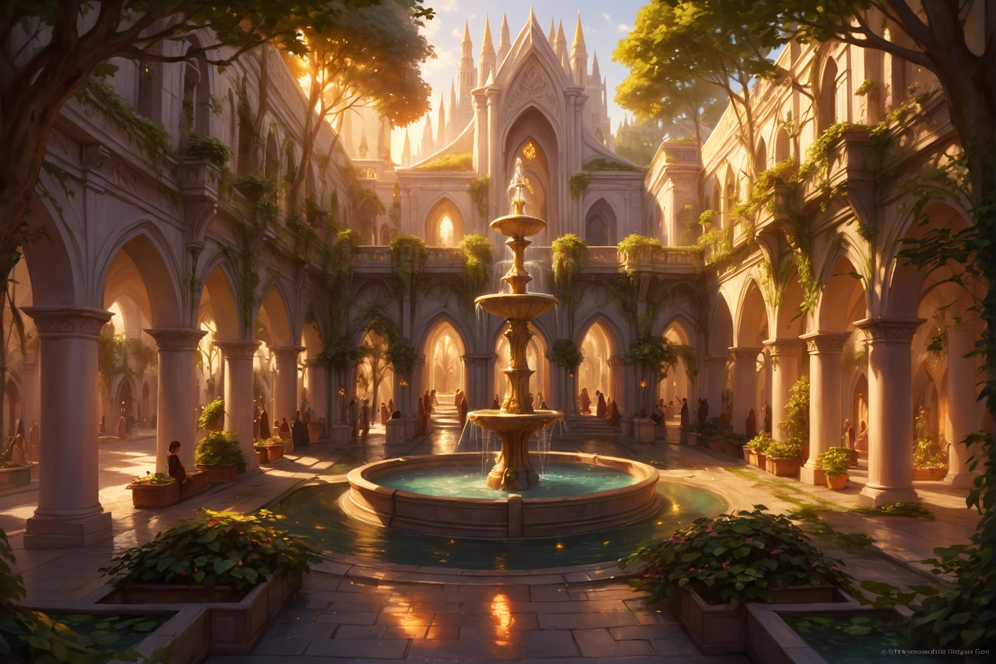 цифровая живопись, древний, многолюдный эльфийский город, двор, фонтан, деревья, золотой час