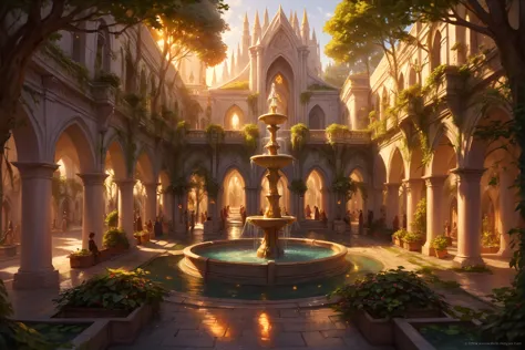 digital painting, an ancient, crowded elven city, courtyard, fountain, trees, golden hour<lora:EnvyFlourishesXL01:0.5><lora:EnvyHazeSliderXL01:-1>