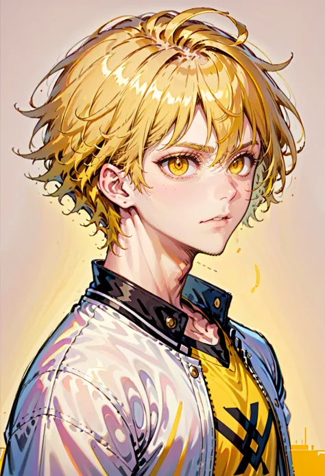 <lora:AgendaMixSDXL:1> AgendaMix Style, 1boy, blonde hair, choker, closed mouth, collar, collared shirt, jacket, looking at viewer, male focus, shirt, short hair, simple background, solo, upper body, white jacket, yellow background, yellow eyes, yellow shi...
