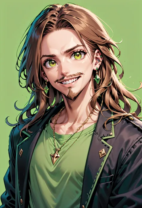 AnidskXL, 1boy, beard, black jacket, brown hair, earrings, facial hair, green background, green shirt, jacket, jewelry, long hair, looking at viewer, male focus, mustache, necklace, open mouth, shirt, simple background, smile, solo, teeth, yellow eyes, 