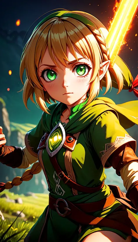 Linkle, olhos extremamente lindos e brilhantes e penetrantes, Cena cinematográfica, visão do herói, pose de ação, cenário, fundo detalhado, vivid, obra de arte, melhor qualidade, alta qualidade, absurdos