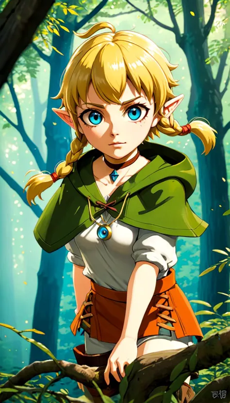 Linkle, extremely beautiful glowing piercing eyes, cinematic scene, hero view, action pose, scenery, detailed background, vivid, masterpiece, best quality, high quality, absurdres  (Studio ghibli style, Art by Hayao Miyazaki:1.2), Anime Style, Manga Style, Hand drawn, cinematic, Sharp focus, humorous illustration, big depth of field, Masterpiece, concept art, trending on artstation, Vivid colors, Simplified style, trending on ArtStation, trending on CGSociety, Intricate, Vibrant colors, Soft Shading, Simplistic Features, Sharp Angles, Playful
