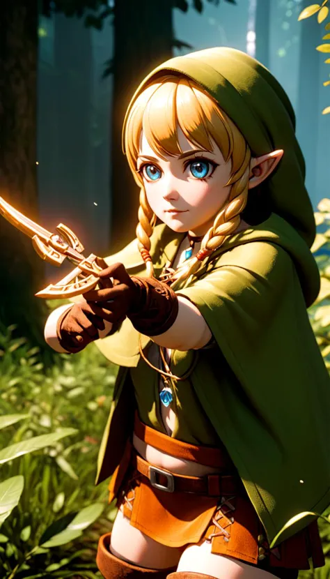 Linkle, extremely beautiful glowing piercing eyes, cinematic scene, hero view, action pose, scenery, detailed background, vivid, masterpiece, best quality, high quality, absurdres  Photorealistic, Hyperrealistic, Hyperdetailed, analog style, detailed skin, matte skin, soft lighting, subsurface scattering, realistic, heavy shadow, masterpiece, best quality, ultra realistic, 8k, golden ratio, Intricate, High Detail, film photography, soft focus