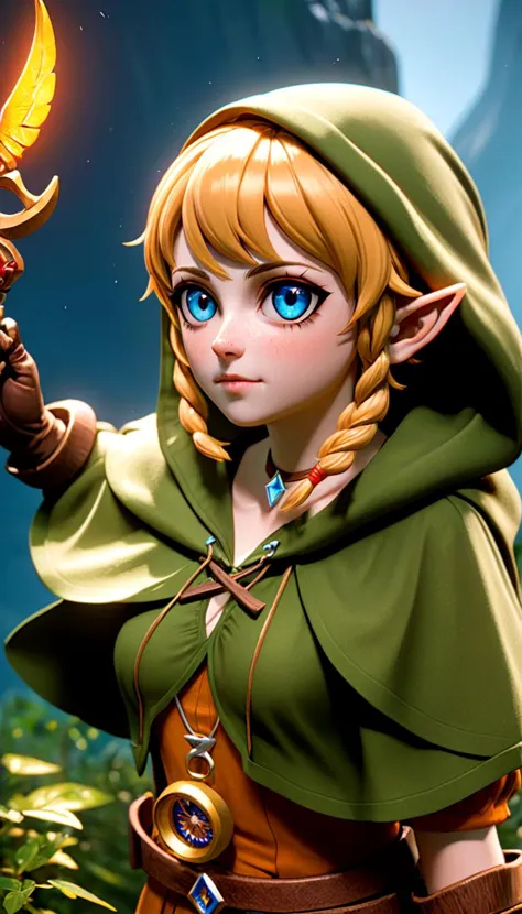 Linkle, olhos extremamente lindos e brilhantes e penetrantes, Cena cinematográfica, visão do herói, pose de ação, cenário, fundo detalhado, vivid, obra de arte, melhor qualidade, alta qualidade, absurdos  (pintura a óleo extremamente detalhada:1.2), efeitos de brilho, Deus, Desenhado à mão, renderizar, 8K, renderização de octanagemizar, cinema 4d, Liquidificador, Escuro, atmospheric 4K ultra detailed, cinematic sensual, foco nitído, ilustração humorística, grande profundidade de campo, obra de arte, cores, 3d renderização de octanagemizar, 4K, arte conceitual, tendências no artstation, hiperrealista, Vivid cores, extremely detailed CG unity 8K wallpaper, tendências no artstation, tendências na CGSociety, Intrincado, alto detalhe, dramático, absurdes