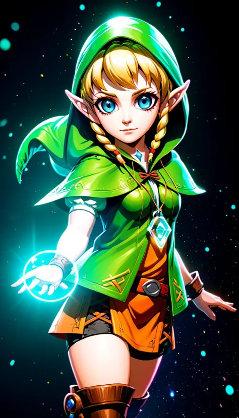 hologram of Linkle, extremely beautiful glowing piercing eyes, cinematic scene, hero view, action pose, scenery, detailed background, vivid, masterpiece, best quality, high quality, absurdres  floating in space, a vibrant digital illustration, dribbble, quantum wavetracing, black background, behance hd