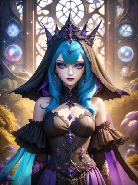 award-winning photography of 1girl, posing for a photo shoot, beautiful, fantastical two toned colorful hair, gothic make up, wearing a diadem, witch symbols on skin, (enchanted and whimsical wonderland in background: 1.3), intricate details, cowboy shot, sfw, tale, magical, fantasy art concept, ultra sharp, 8k, soft textures