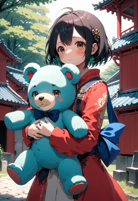 1girl, female focus, solo focus, extremely detailed kawaiicore, the girl is holding a blue teddy bear, in the style of makoto shinkai, rococo, eve ventrue, hd, light red and light emerald, villagecore, clamp, flat color, cel shading, screen print