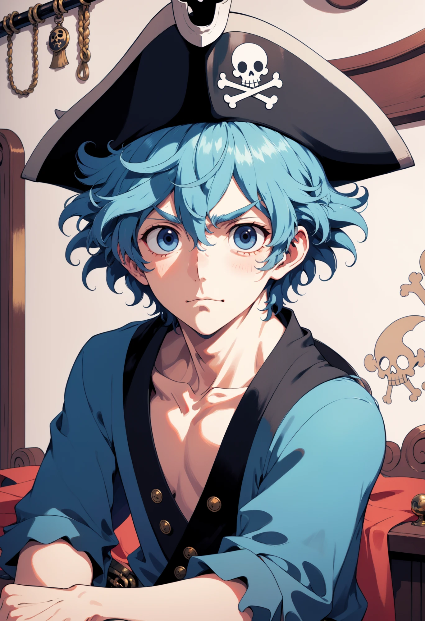 un homme aux cheveux bleus sur la cheminée, Chapeau de pirate, cheveux bouclés sauvages, kawaii, pastel dans le style de Rumiko Takahashi, Portraits simplifiés et stylisés, oshare kei, rococo, détail qui cligne des yeux et vous le manquez, réaliste, pirate punk, couleur plate, ombrage cellulaire, impression d&#39;écran