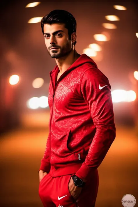 a man in a red hoodie and red pants posing for a picture