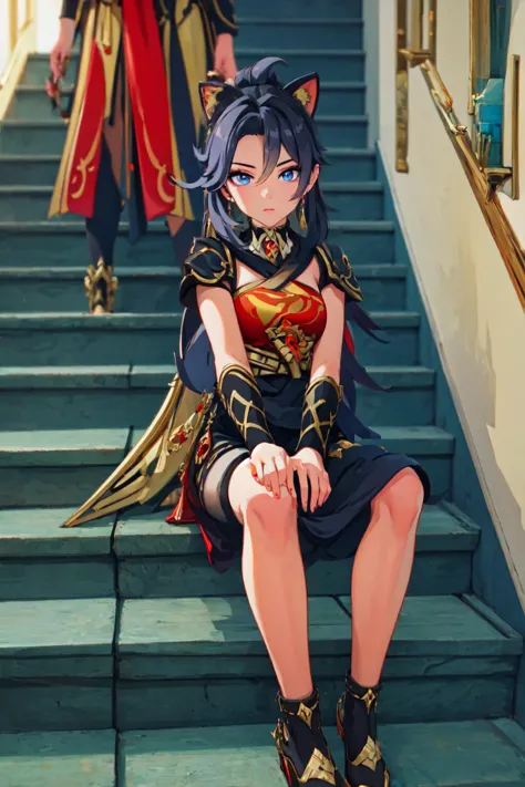 masterpiece,best quality,incredibly absurdres,official art,dehya\(genshin impact\),sitting on stairs,depth of field, nice hands ...