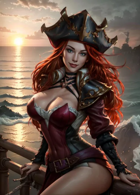 steampunkai, mature female red hair twin-tail steampunk pirate with medium  breasts wearing fur trim cloak and single eye patch posing heroically  smirking by the dock at night cowboy shot , - SeaArt