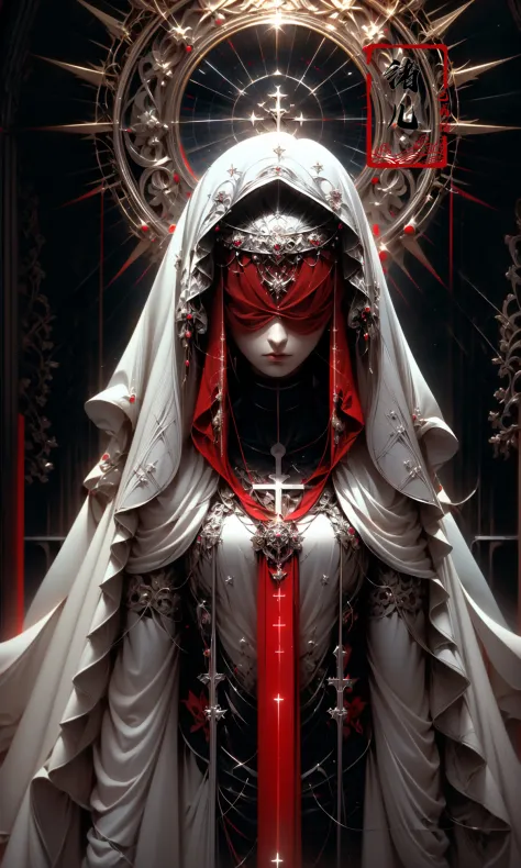 the goddess by shadrach jaroshelev, in the style of gothic futurism, dark white and light red, hyper-detailed illustrations, uhd image, Gorgeous costume details, intricate costumes, (cathedral:1.6)(beautiful and clear background:1.4),
(Transparent blindfoldcoif:1.1), (full body:1.1),
<lora:~Q?-OYsY4] coif:0.9>