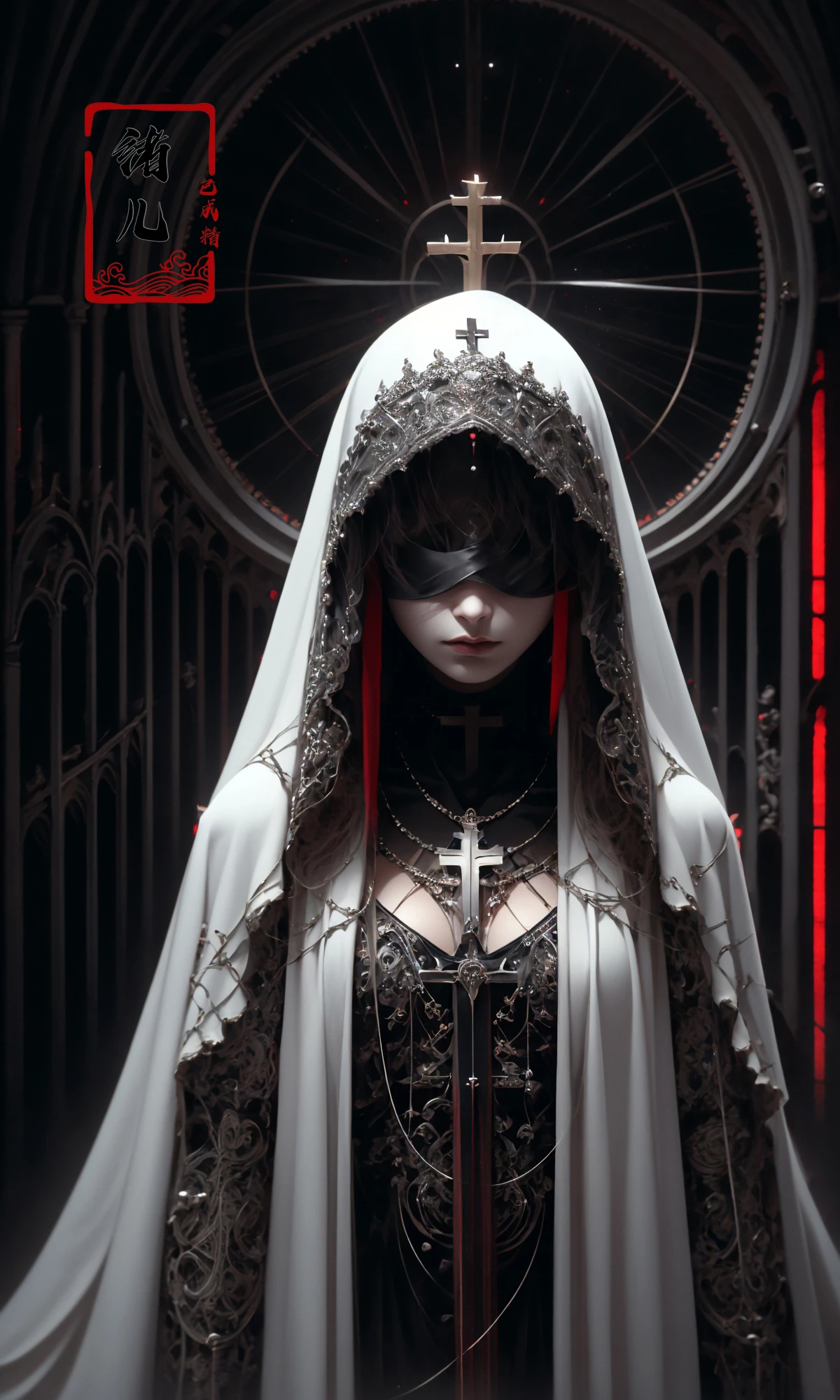 the goddess by shadrach jaroshelev, in the style of gothic futurism, dark white and light red, hyper-detailed illustrations, uhd image, Gorgeous costume details, intricate costumes, (cathedral:1.6)(beautiful and clear background:1.4),
(Transparent blindfold:1.1),  (coif:1.3),
