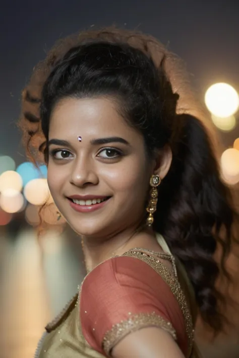 hires close up portrait photo of mithila palkar woman, outdoors, realistic skin texture, smiling, looking looking at camera, indian clothes, smiling, night time, beautiful bokeh   