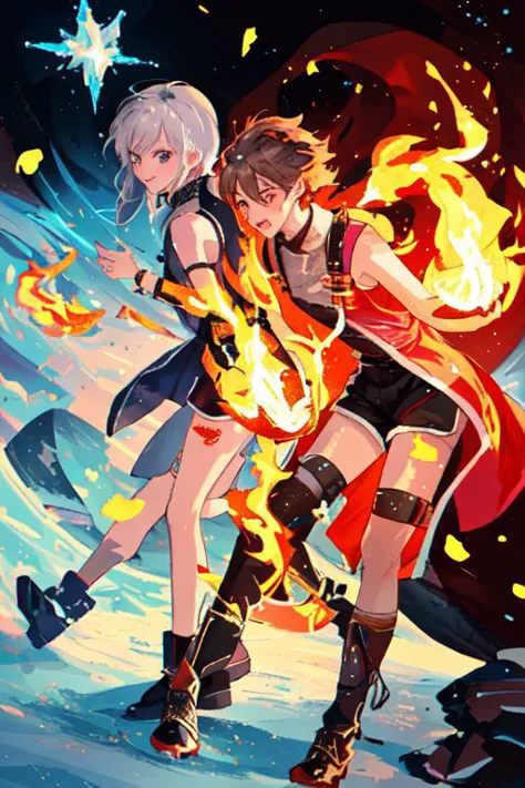 two anime characters with fire and flames in their hands