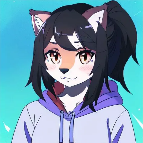 4k, 8k, anthro, anthro wolf, anthro wolf girl, wolf_ears, orange_eyes, fair_skin, black_hoodie, black_hair, ponytail, digital ar...