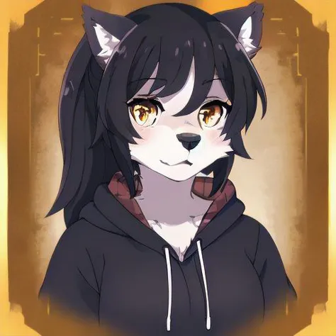 4k, 8k, anthro, anthro wolf, anthro wolf girl, wolf_ears, orange_eyes, fair_skin, black_hoodie, black_hair, ponytail, digital ar...