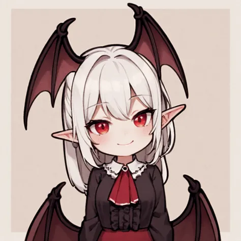 red eyes, seductive smile, solo mature aged_up 1girl, vampire, pointy ears, head_wings, bat_wings, upper body
blouse, lots of fr...