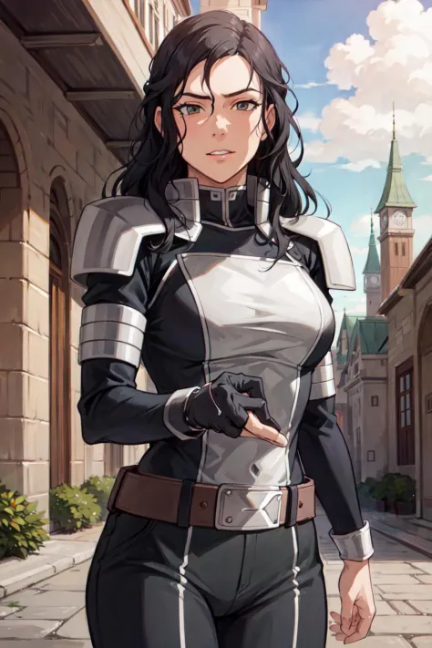 (castle, gorgeous view) (cowboy shot), sfw, (masterpiece), (best quality:1.0), (ultra highres:1.0), detailed eyes, detailed clothing texture, beautiful face, Kuvira posing, black royal knight armor,  kuvira, unkempt,