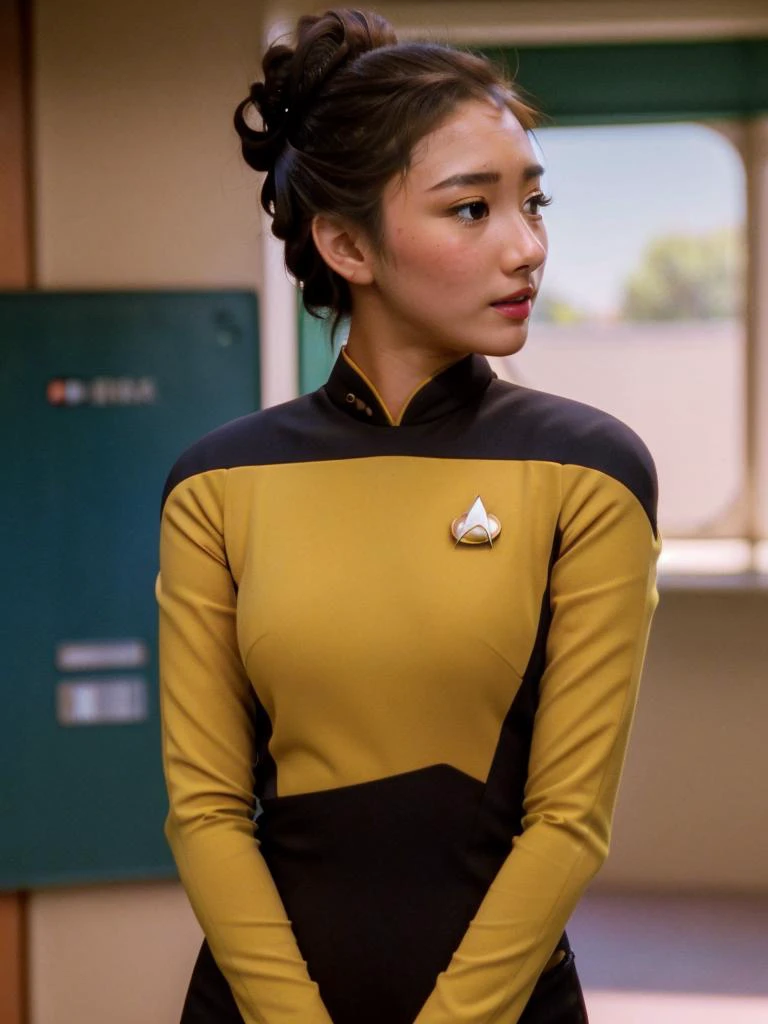 a photo of pretty asian suz1-001 (s3stngunf yellow uniform:1.2),black pants, long sleeves, (updo:1.3), photo realistic, looking at viewer, (head and shoulders closeup:1.2).in engineering. . fcHeatPortrait