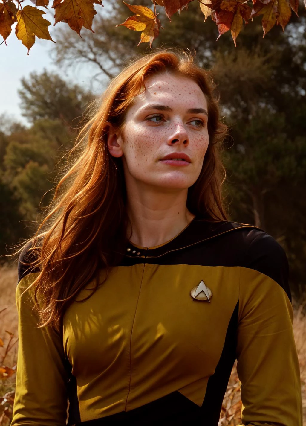 Ultra-realistic 8k CG, masterpiece, best quality, (photorealistic:1.4), absurdres, extremely detailed, real hair, life-like,
((mediaeval setting)), ((fall season, falling leaves)), ((detailed face, freckles)), ((detailed eyes)),
beautiful woman with wind-blown long red hair wearing a  (yellow trekngs1 uniform:1.3) in a field of tall grain, rustic farm,  