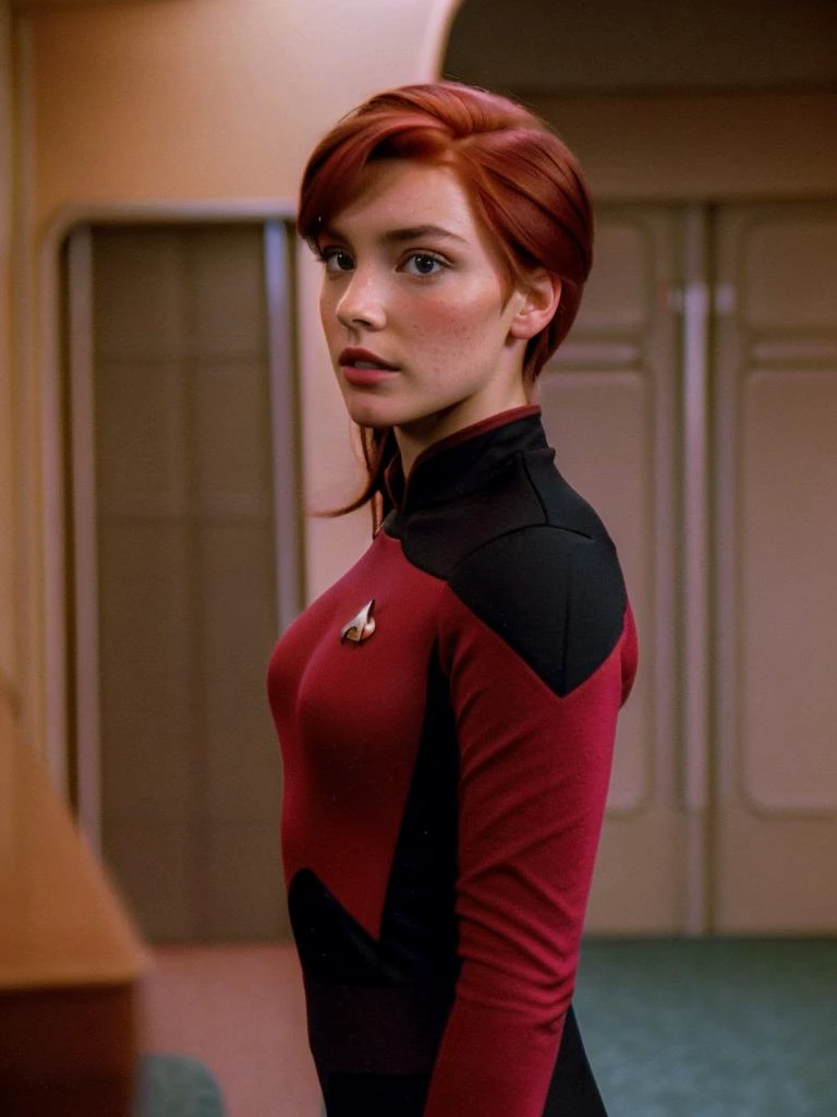 a photo of pretty  hayl3y-001 (s3stngunf red uniform:1.2),black pants, long sleeves, photo realistic, looking at viewer, (head and shoulders closeup:1.2). bridge of the enterprise. . fcHeatPortrait