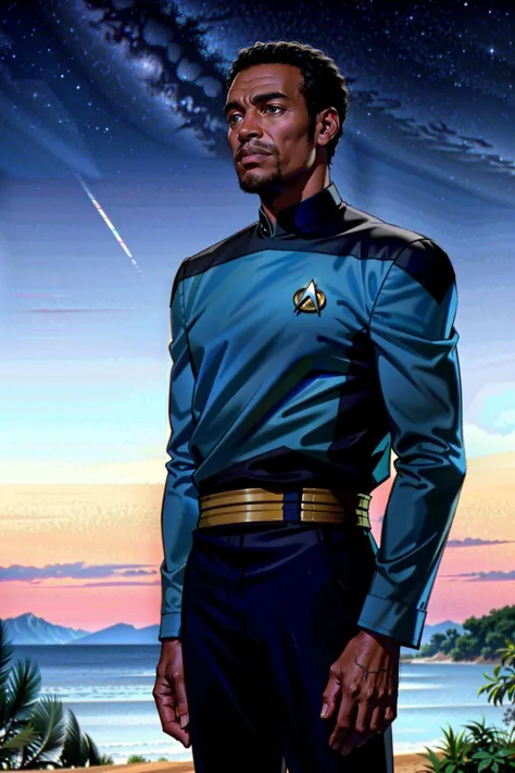 african man  in blue and black (s3stngunf :1.2),black pants,looking at the sky,stars<lora:TNGS3Standalone:0.8>