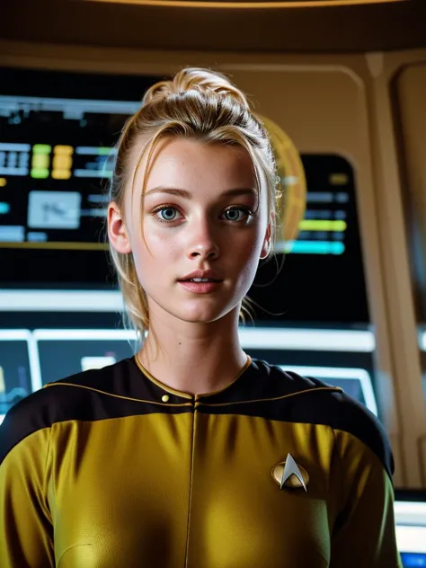 ca21mv6-235 in a yellow and black trekngs1 uniform. updo. looking at the viewer. in a starship control room. bokeh. <lora:STNGV3...