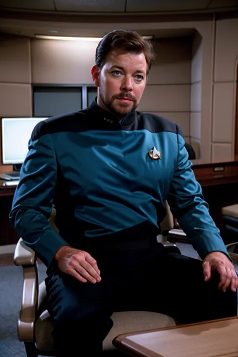 wrkr in blue s3stngunf uniform,enterprise bridge,sitting in a chair,professional photograph of a stunning man detailed, sharp fo...