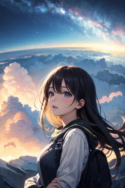 absurdres, highres, ultra detail, close view,
1girl, shining sky, vast world, gazing, awe-inspiring expression, distant horizon,...