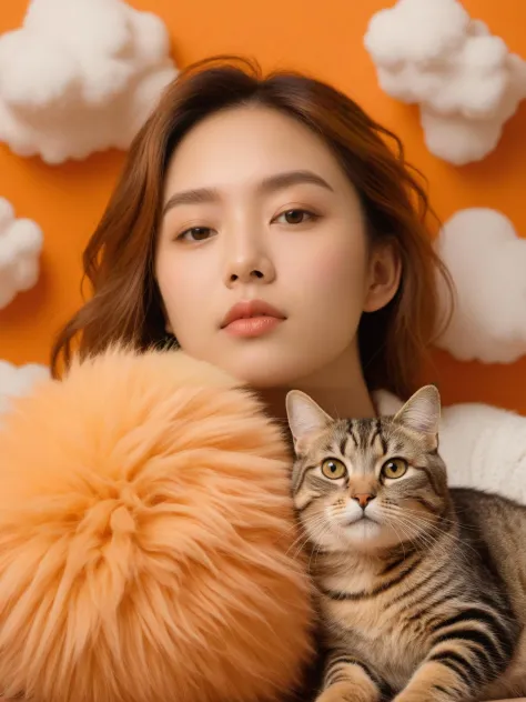 A girl was lying on a fluffy ball,surrounded by a cute baise cat. Fluffy texture,soft clouds,lazy,warm color,orange,32k uhd,elf core,exquisite facial features,advertising inspiration,bold color contrast,