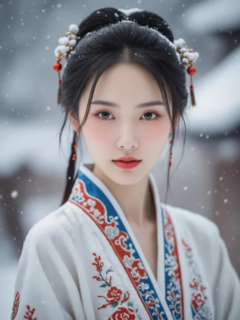 A portrait of a girl,upper body,in an Eastern artistic style,exuding allure,girl,(Eastern art),alluring appearance,expressive eyes,subtle background,bright environment,chinese style,typing art background,realist style,reality,photo,skin texture,dermatoglyphy,full body,snowscape,