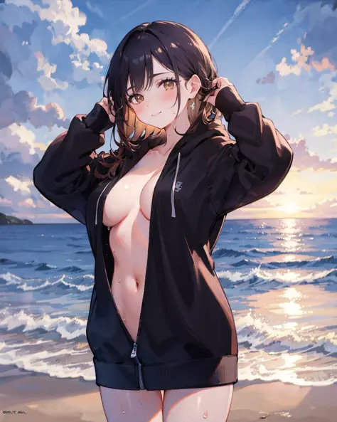 masterpiece, best quality,shiny,chromatic aberration abuse,pastel color,
naked hoodie, 1girl, breasts, solo, brown hair, brown eyes, beach, looking at viewer, large breasts, navel, ocean, smile, cleavage, long hair, outdoors, day, sky, closed mouth, cowboy...