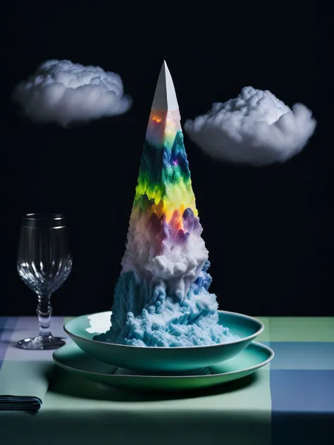 <lora:surrealPlateLora_v10:1> a plate with an opal obelisk and a cloudy rainbow