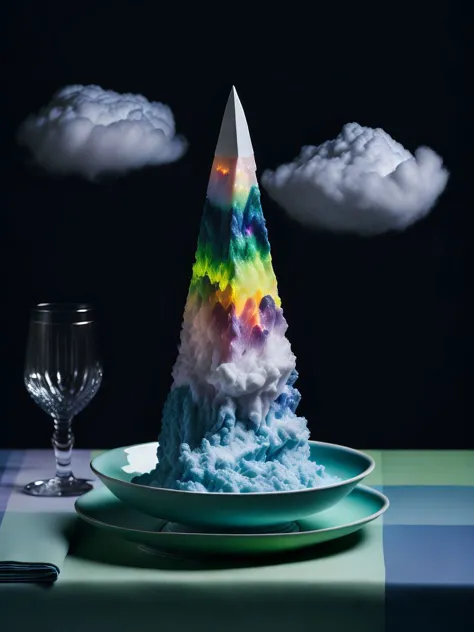 a plate with an opal obelisk and a cloudy rainbow