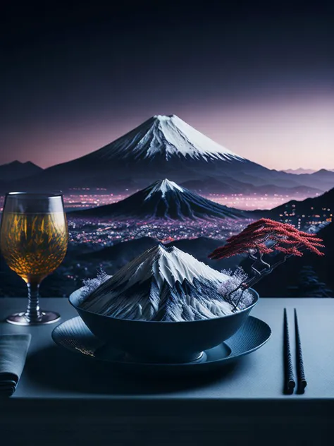 une assiette avec le Mont Fuji, ville japonaise endormie, majestueux, complexe, baguettes, lever du soleil