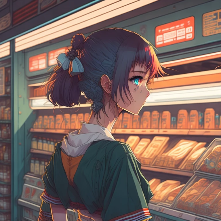 hinterrücks, Rehaugen, Vintage 90er Anime-Stil. Anime-Mädchen posiert im Supermarkt., Science-Fiction. Farben, surreal.