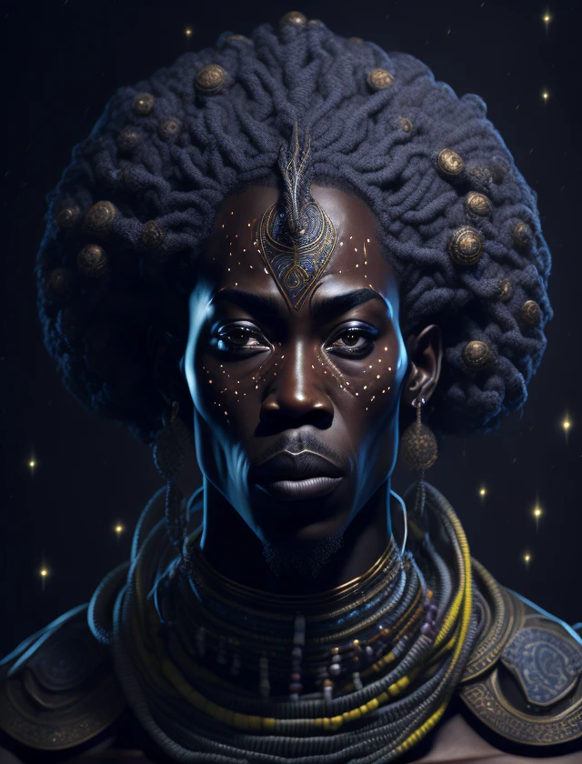 非洲神人奥巴塔拉 (Obatala) 戴着精致复杂的阿德, 宇宙之神, 天文摄影