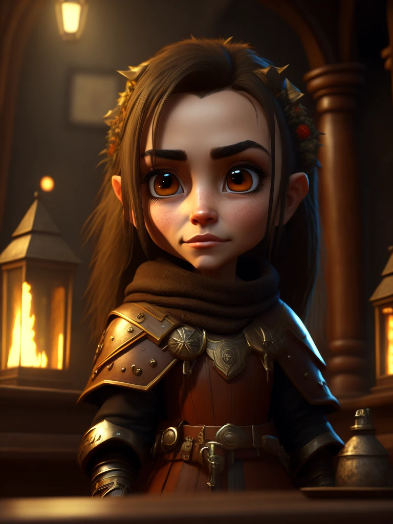 an cute character warrior, leather clothes, (shy miniature), Cute small girl, chibi, 1girl, solo, beautiful eyes,  (Rim light),  disney artwork, unreal engine, cozy indoor lighting, fantasy, artstation, detailed, digital painting,cinematic,character design by mark ryden and pixar and hayao miyazaki, unreal 5, daz, hyperrealistic, octane render, in a medieval tavern
