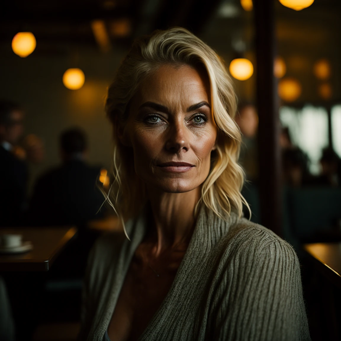 portrait oF a 40 year old blonde woman in a restaurant, clear Facial Features, سينمائي, عدسة 35 ملم, F/1.8, إضاءة اللكنة, الإضاءة العالمية